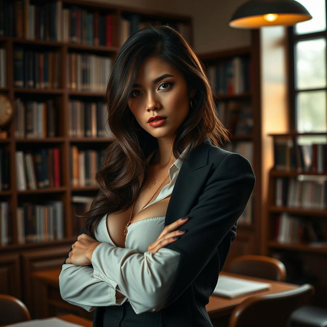 A sensual and artistic representation of an adult female teacher in an elegant classroom setting, dressed in professional attire with an enticing twist