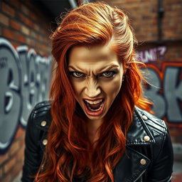 A fierce portrait of an angry woman with striking features, brows furrowed, and mouth slightly open as if shouting