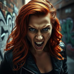 A fierce portrait of an angry woman with striking features, brows furrowed, and mouth slightly open as if shouting