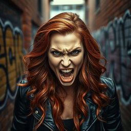 A fierce portrait of an angry woman with striking features, brows furrowed, and mouth slightly open as if shouting