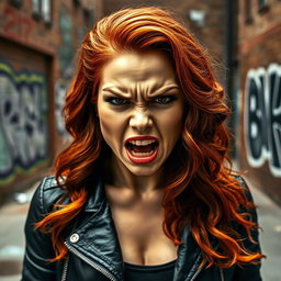 A fierce portrait of an angry woman with striking features, brows furrowed, and mouth slightly open as if shouting