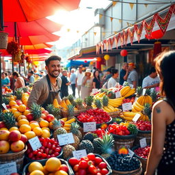 A scene of a vibrant market stall where a charismatic man resembling a famous football player is selling a variety of fresh, colorful fruits