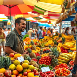A scene of a vibrant market stall where a charismatic man resembling a famous football player is selling a variety of fresh, colorful fruits