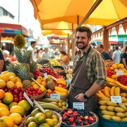 A scene of a vibrant market stall where a charismatic man resembling a famous football player is selling a variety of fresh, colorful fruits