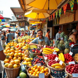 A scene of a vibrant market stall where a charismatic man resembling a famous football player is selling a variety of fresh, colorful fruits