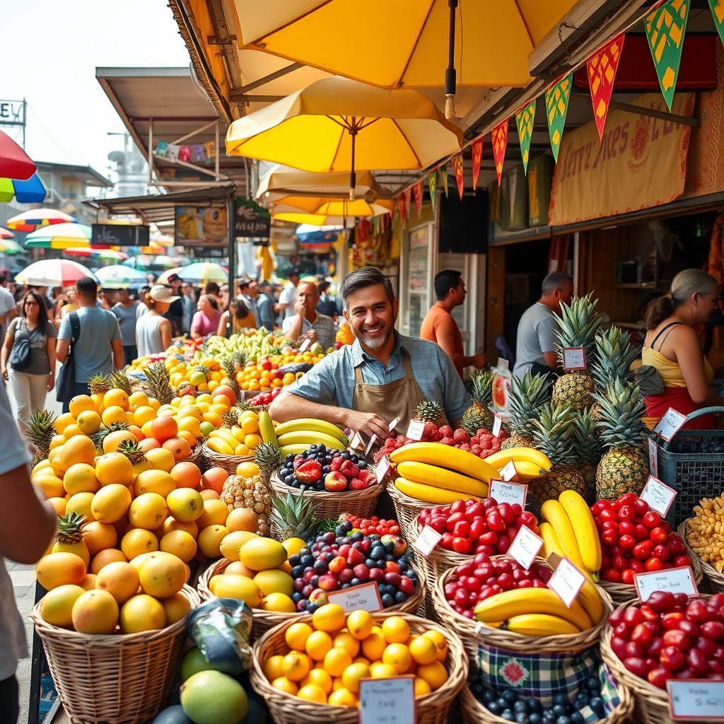 A scene of a vibrant market stall where a charismatic man resembling a famous football player is selling a variety of fresh, colorful fruits