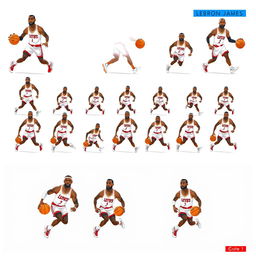 A vibrant sprite sheet featuring LeBron James, captured in mid-action dribbling a basketball