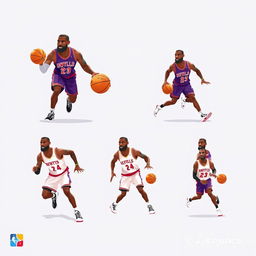 A vibrant sprite sheet featuring LeBron James, captured in mid-action dribbling a basketball
