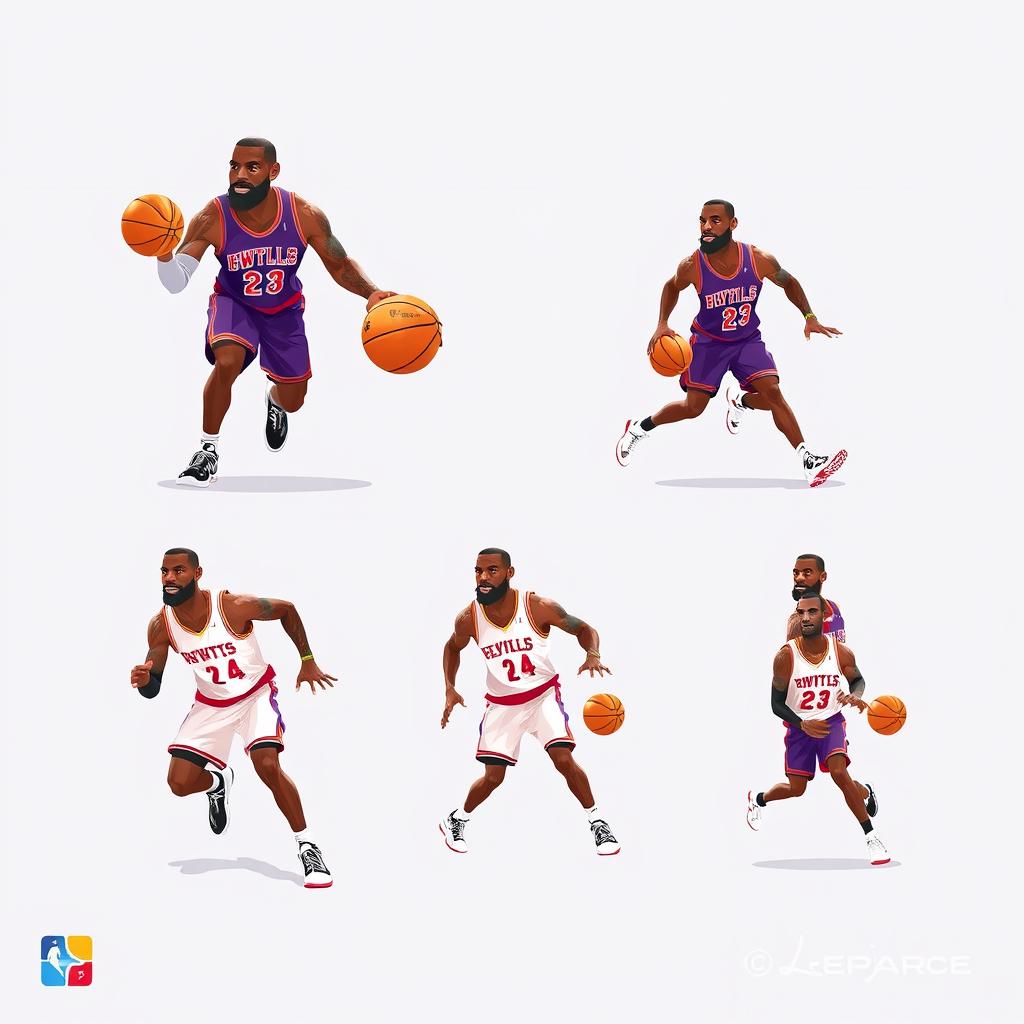 A vibrant sprite sheet featuring LeBron James, captured in mid-action dribbling a basketball
