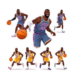 A vibrant sprite sheet featuring LeBron James, captured in mid-action dribbling a basketball
