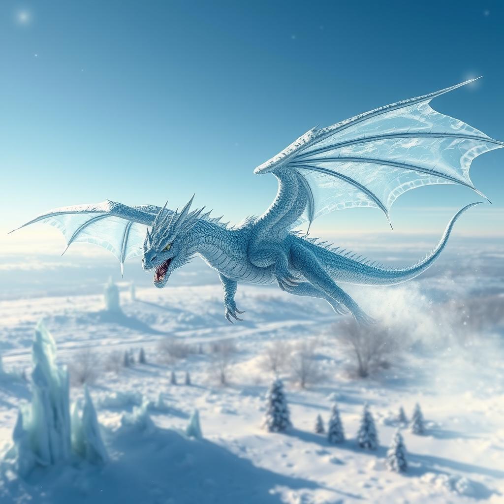 A majestic ice dragon soaring through a clear blue sky, its scales shimmering like frost crystals in the sunlight