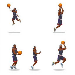 A dynamic and detailed spritesheet of a basketball player, inspired by LeBron James, featuring various poses of him shooting a basketball