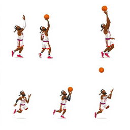 A dynamic and detailed spritesheet of a basketball player, inspired by LeBron James, featuring various poses of him shooting a basketball