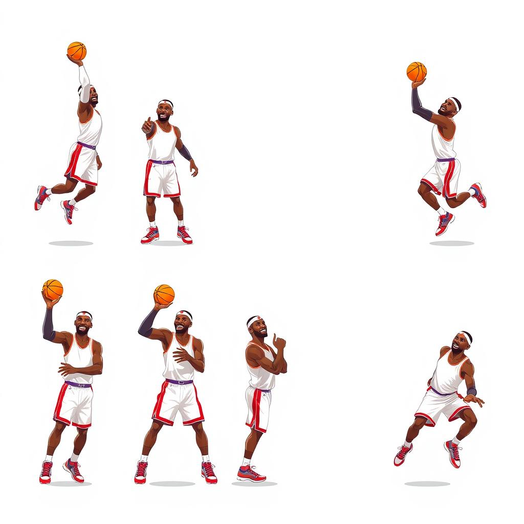 A dynamic and detailed spritesheet of a basketball player, inspired by LeBron James, featuring various poses of him shooting a basketball