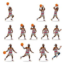 A dynamic and detailed spritesheet of a basketball player, inspired by LeBron James, featuring various poses of him shooting a basketball