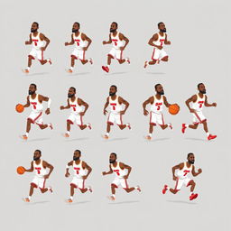 A lively and detailed spritesheet depicting a basketball player inspired by LeBron James, showcasing various poses of him running and dribbling a basketball while wearing a white jersey