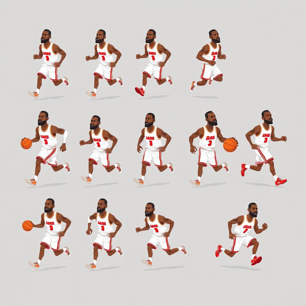 A lively and detailed spritesheet depicting a basketball player inspired by LeBron James, showcasing various poses of him running and dribbling a basketball while wearing a white jersey