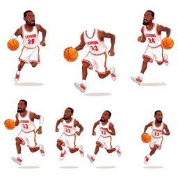 A lively and detailed spritesheet depicting a basketball player inspired by LeBron James, showcasing various poses of him running and dribbling a basketball while wearing a white jersey