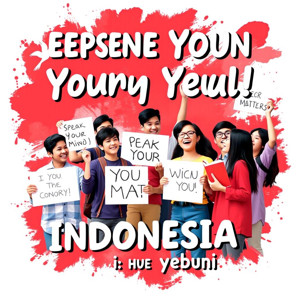 An engaging and vibrant poster encouraging Indonesian youth to express their opinions freely