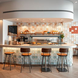 A beautifully designed coffee shop counter featuring elegant tiles that enhance the vibrant aesthetic of the space