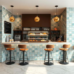 A beautifully designed coffee shop counter featuring elegant tiles that enhance the vibrant aesthetic of the space