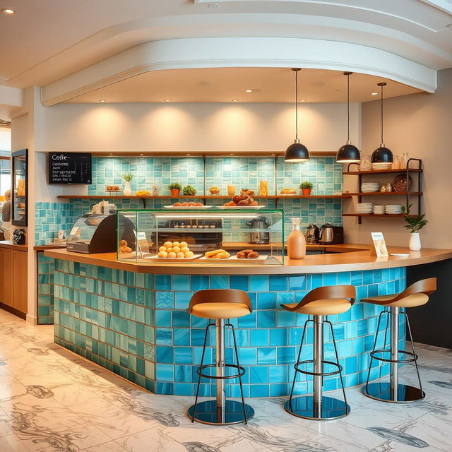 A beautifully designed coffee shop counter featuring elegant tiles that enhance the vibrant aesthetic of the space