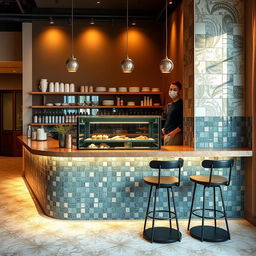 A beautifully designed coffee shop counter featuring elegant tiles that enhance the vibrant aesthetic of the space