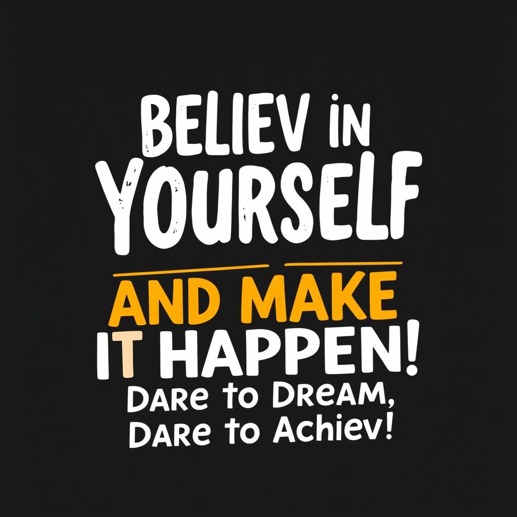 A catchy and motivational slogan that conveys enthusiasm, positivity, and the excitement of achieving something great, like "Believe in Yourself and Make It Happen!" or "Dare to Dream, Dare to Achieve!"