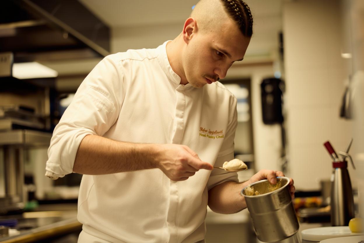 A chef in a professional kitchen, focused on preparing a perfect quenelle, with a smooth and compact shape on the spoon