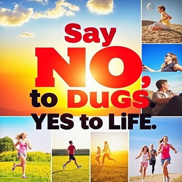 A bright and colorful poster with the slogan "Say NO to Drugs, YES to Life" prominently displayed in bold, eye-catching font