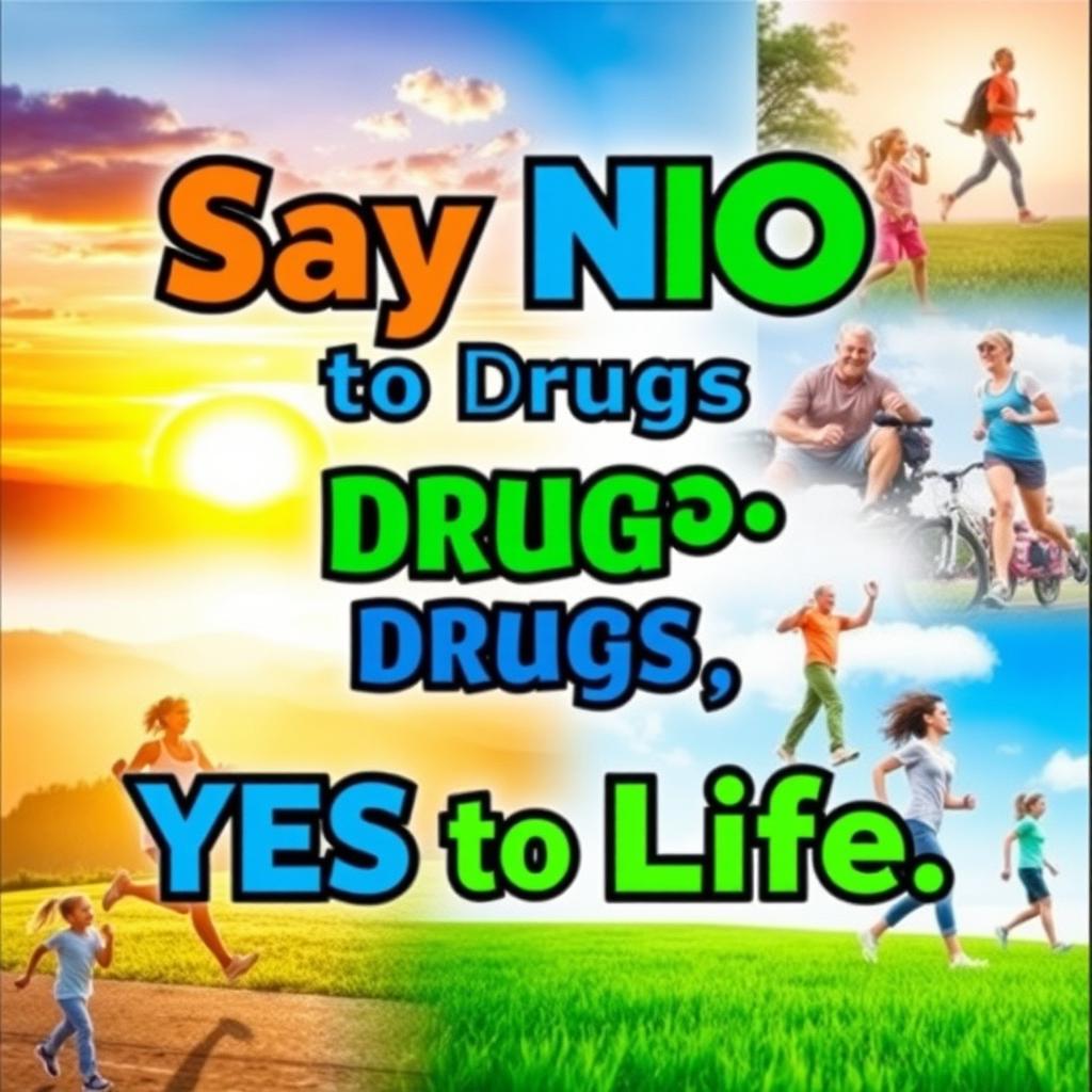 A bright and colorful poster with the slogan "Say NO to Drugs, YES to Life" prominently displayed in bold, eye-catching font