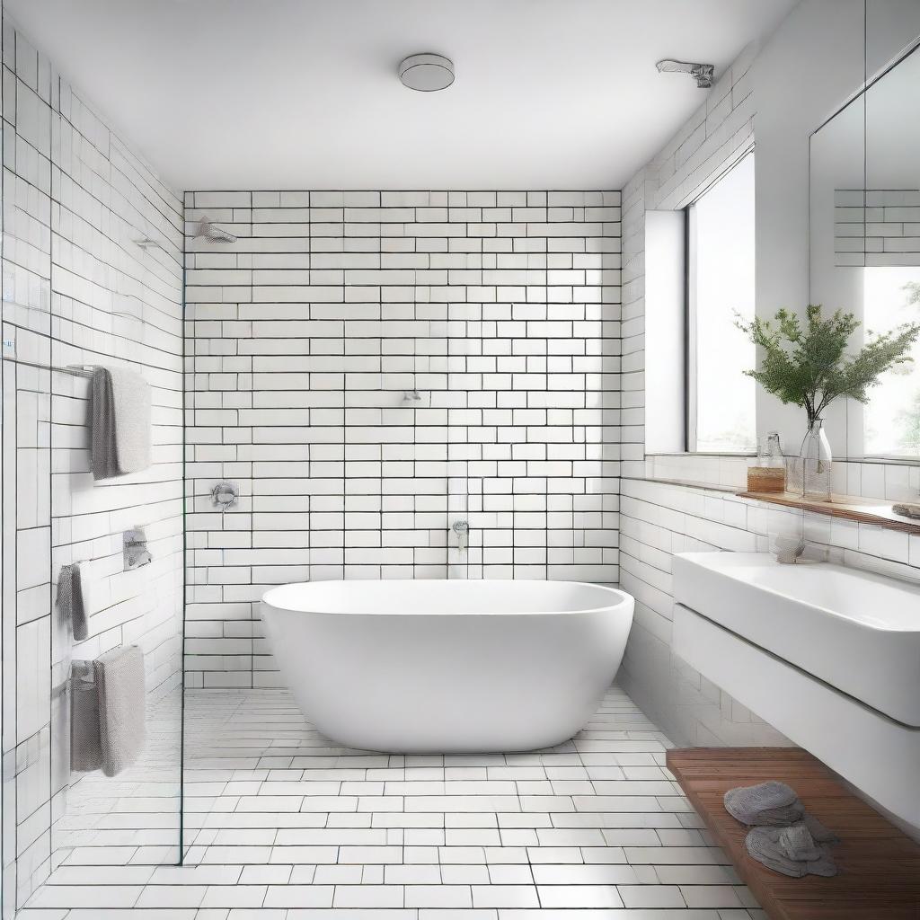 A clean, modern bathroom with gleaming white tiles, a glass shower enclosure, a free-standing bathtub, and a contemporary sink with a large mirror above.