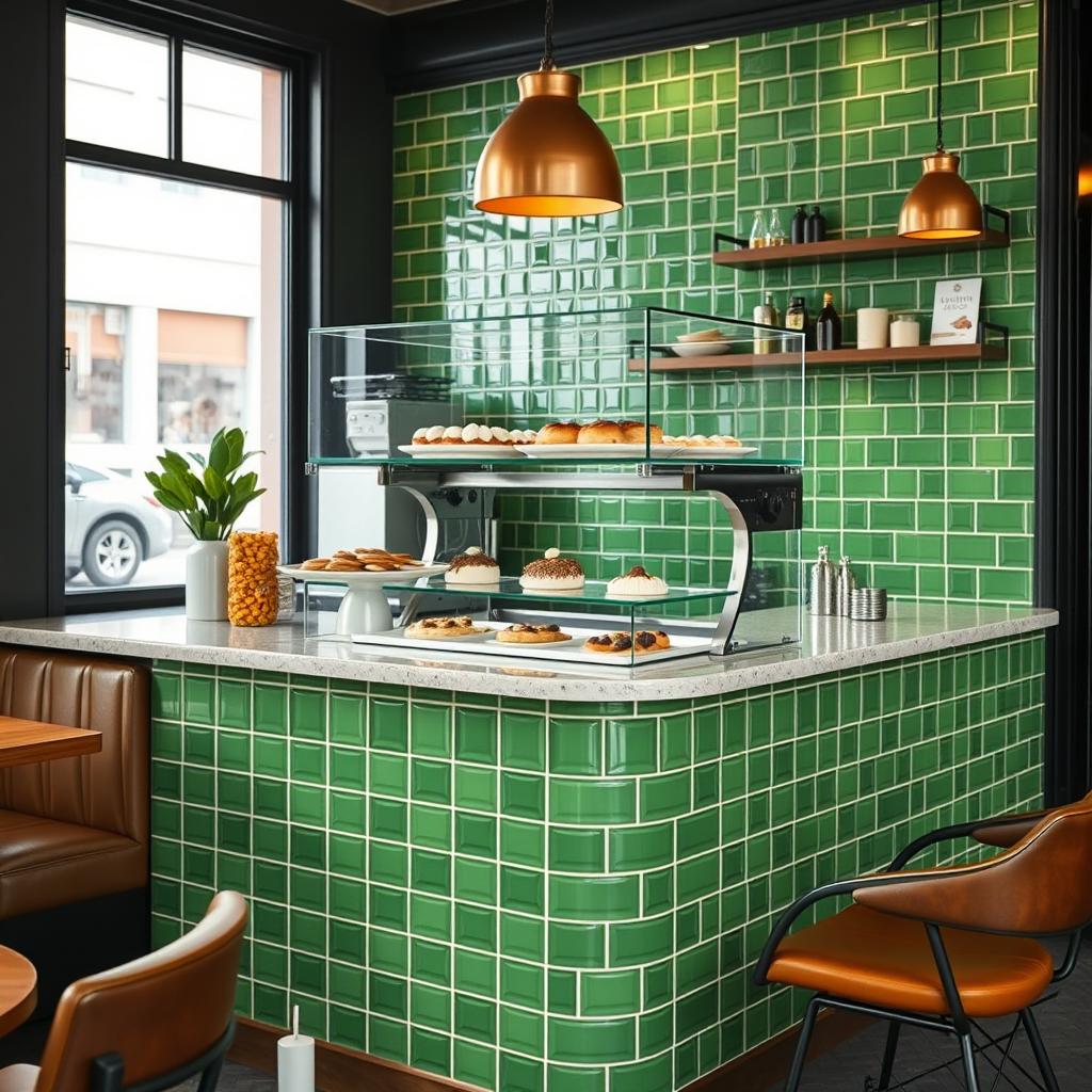 A coffee shop counter uniquely designed with vibrant green tiles that create a fresh and invigorating look