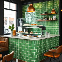 A coffee shop counter uniquely designed with vibrant green tiles that create a fresh and invigorating look