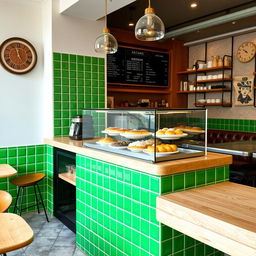 A coffee shop counter uniquely designed with vibrant green tiles that create a fresh and invigorating look