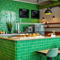 A coffee shop counter uniquely designed with vibrant green tiles that create a fresh and invigorating look