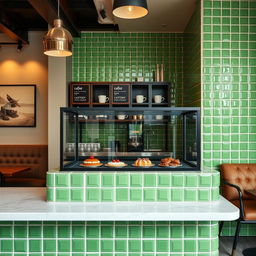 A coffee shop counter uniquely designed with vibrant green tiles that create a fresh and invigorating look
