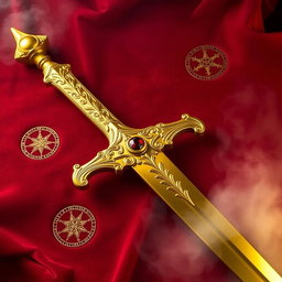 A beautifully crafted gold sword, with intricate designs engraved along the blade and hilt