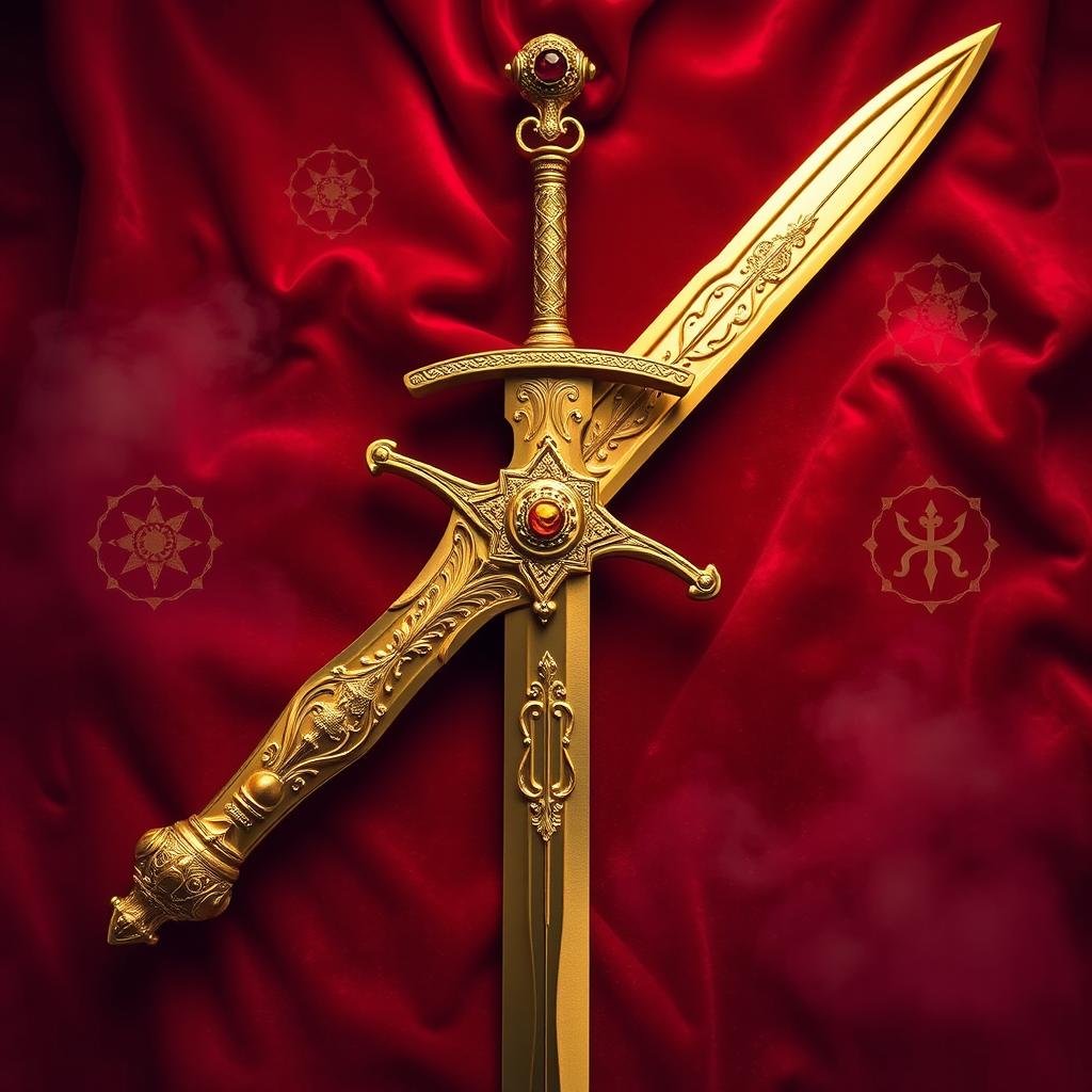A beautifully crafted gold sword, with intricate designs engraved along the blade and hilt