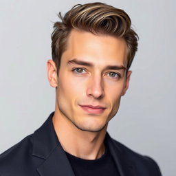 A handsome male portrait with a focus on facial features such as a well-defined jawline, smooth skin, and attractive hair