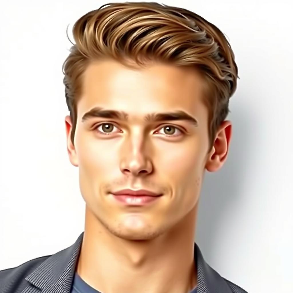 A handsome male portrait with a focus on facial features such as a well-defined jawline, smooth skin, and attractive hair