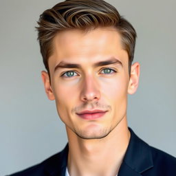 A handsome male portrait with a focus on facial features such as a well-defined jawline, smooth skin, and attractive hair