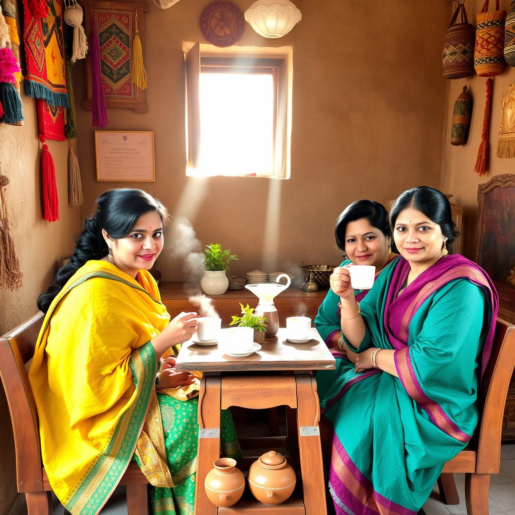 Three women sitting around a small wooden table in a cozy tea shop in Nepal, enjoying cups of steaming tea