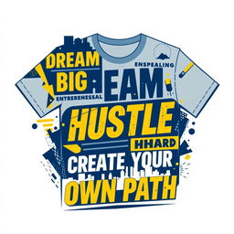 Aesthetic streetwear shirt design centered around entrepreneurship, featuring bold typography with motivational phrases like 'Dream Big, Hustle Hard' and 'Create Your Own Path', interspersed with graphic elements such as abstract shapes, urban skyline silhouettes, and subtle dollar signs