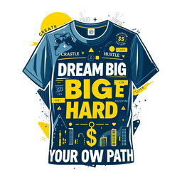 Aesthetic streetwear shirt design centered around entrepreneurship, featuring bold typography with motivational phrases like 'Dream Big, Hustle Hard' and 'Create Your Own Path', interspersed with graphic elements such as abstract shapes, urban skyline silhouettes, and subtle dollar signs