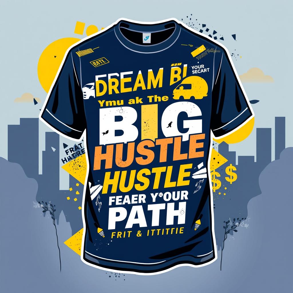 Aesthetic streetwear shirt design centered around entrepreneurship, featuring bold typography with motivational phrases like 'Dream Big, Hustle Hard' and 'Create Your Own Path', interspersed with graphic elements such as abstract shapes, urban skyline silhouettes, and subtle dollar signs