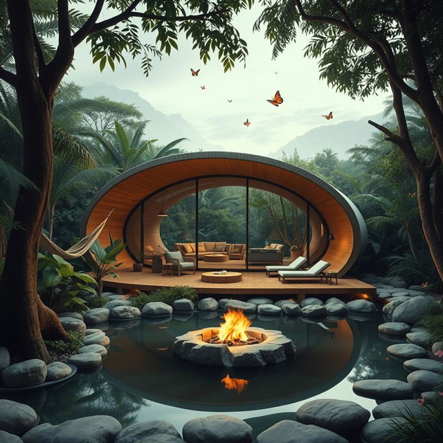 An artistic depiction of a stunning cabin inspired by a cocoon, harmoniously situated in a tranquil jungle environment