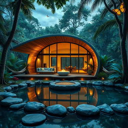 An artistic depiction of a stunning cabin inspired by a cocoon, harmoniously situated in a tranquil jungle environment