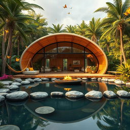 An artistic depiction of a stunning cabin inspired by a cocoon, harmoniously situated in a tranquil jungle environment