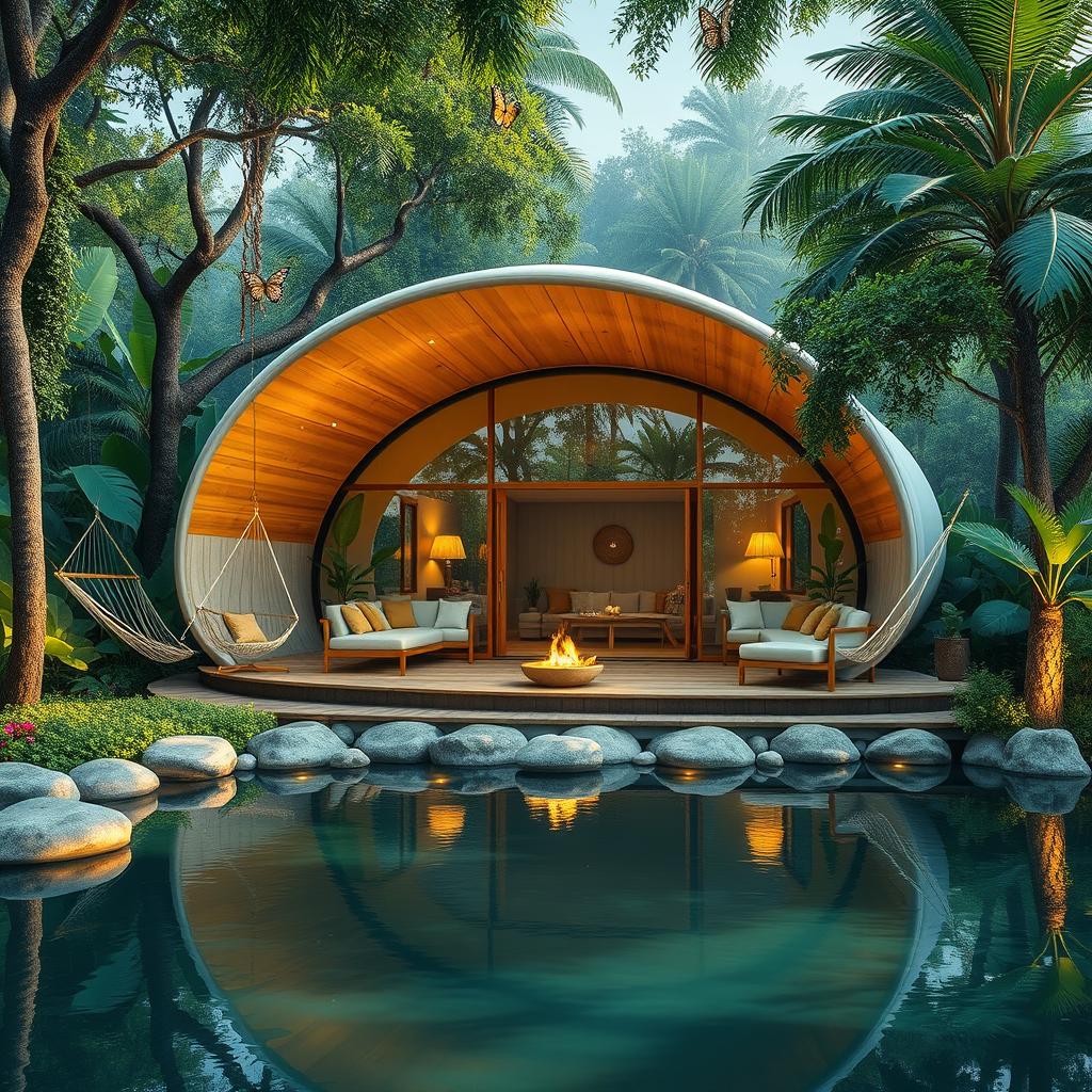 An artistic depiction of a stunning cabin inspired by a cocoon, harmoniously situated in a tranquil jungle environment